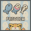 Pixel art animation of a cat peeking over fish and bones with 'PREVIEW' text on a striped background.