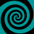 Four cyan and black spiral patterns arranged in a on a solid black background, each spiral rotating clockwise with alternating color bands