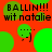Red background with green circles and repeated text 'BALLIN!!! wit natalie' in black pixelated font, featuring small smiling face icons.