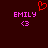Pixelated dark red background with two identical pink 'EMILY' text blocks, each below a pink '<3' symbol and above a single red heart symbol.