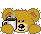 Pixelated brown teddy bear holding a white mug with dark liquid, steam rising from the mug