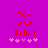 Red pixelated text 'Tori and Brian' on a solid purple background with five pink and purple heart icons below.