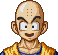 Pixel art character with bald head, four dots on forehead, yellow-orange robe over blue shirt, changing facial expressions across frames.