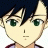 Pixelated anime-style character face with green eyes and dark blue hair on left, next to black background with white text "Anime IM" and signature "C0M" on right.