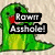 Green cartoon boot with red accents, featuring two black text boxes reading 'Roxit' and 'Asyhole!' in pixelated font against a beige background.