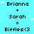 Pixelated text displays 'Brianna + Sarah = Biffles<3' repeated across a on a cyan background with scattered white stars