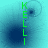 Vertical green text 'KELLI' on cyan background with dark blue circular shapes and faint concentric rings in four variations.