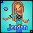 Pixel art contact sheet of a 12-frame animated icon showing a cartoon woman with long brown hair in various poses against a light blue background, with the name "jordan" displayed below her and alternating star or tooth symbols above left.