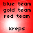 Red background with black text listing blue team, gold team, red team and kreps in two ; white light effects shift position across frames