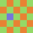 A static grid of alternating green and orange squares with a single blue square at the center, bordered by thin brown lines.