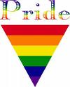 Static image featuring the word 'Pride' above a rainbow-colored inverted triangle on white background.