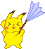 Pixel art animation of a yellow cartoon character holding a blue feather duster in two sequential frames showing slight pose differences.