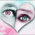 Heart-shaped icon with split eyes, pink and blue irises, gray eyebrows, light skin tones, and a soft pastel background.