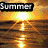 Four pixelated form a with text overlays: 'Summer' top-left, 'is' top-right, 'the' bottom-left, 'best' bottom-right. Each shows a sunset scene over water