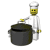 Animated sequence of a chef character lifting and lowering a large dark pot lid, showing three distinct states.