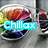 Pixelated image of a glass with layered colors and text overlays, showing two states: 'Chillax' in cyan and 'Relax' in green.