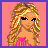 Pixel art contact sheet of a female character in four frames showing full body, upper body, lower body, and text display on pink background with purple border.
