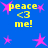 Blue background with yellow text 'peace <3 me!' and pink star shapes scattered throughout the image.