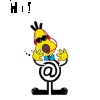 Yellow cartoon character with black sunglasses, red headphones, blue bow tie, and black shoes stands on a white background with a black spiral symbol.