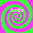 Four identical spiral patterns in green and pink with the word 'hello' overlaid on each, arranged in a against a solid background