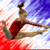 A pixelated figure in a red outfit performs a split on a striped background, with text reading "GIMME DON'T NEED WINGS TO FLY" displayed above.