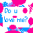 Pixelated graphic with blue text reading 'Do u love me?' surrounded by pink and blue floral shapes on white background.