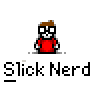 Animated contact sheet of a pixel art character in red shirt with brown hair, showing multiple frames with speech bubbles and pose variations against gray background.
