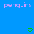 Blue background with two identical pixelated 'penguins' texts in light purple and two green pixelated hearts at bottom center and bottom right.