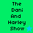 Four display 'The Dani And Harley Show' text with star symbols; top-left green background has blue star, bottom-left blue background has green star