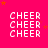 repeated 'CHEER' text in white pixelated font on a bright pink background with scattered orange stars