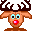 Pixel art reindeer head with brown antlers, light orange face, blue eyes, and red nose on gray background.