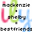 Pixelated text and colored shapes on white background: 'mackenzie' in black, 'shelby' in black, 'bestfriends' in black, plus pink, green, and blue shapes.
