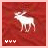 A white moose with pink legs stands on a red textured background, accompanied by three small white symbols below it.