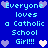 Blue background with light blue text reading "Everyone loves a Catholic School Girl!!!" surrounded by purple and white pixelated hearts.