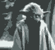 Yoda in a monochrome palette performs sequential actions including turning, raising arms, and wielding a lightsaber