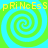 Four identical spiral patterns arranged in a on a bright cyan background with yellow text repeating 'pRiNcEsS' above and below