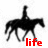 Silhouette of a rider on horseback with the word 'life' in various colors beneath each figure.