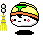 Pixel art character with yellow rice, green nori, orange bandana, red cheeks; holds silver-and-yellow object that changes position across frames.
