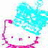 A pixelated Hello Kitty icon with cyan hair and pink accents on a white background, next to cyan text on a pink background reading 'hello kitty is my homie!'