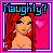 Pixelated icon with teal text 'Naughty?' above a figure with long red hair and green eyes against pink background.