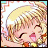 Pixelated anime-style character with closed eyes and open mouth, blonde hair, pink cheeks, and yellow clothing against a light background.