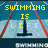 Pixelated graphic with yellow text 'SWIMMING IS LIFE' over a blue and light blue background featuring a dark swimming lane marker and red lane dividers.