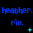 Blue text 'heather.' and 'rie.' repeated three times each on black background with cyan plus and star symbols changing across frames.