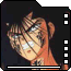 Anime character with orange hair and black outfit, face partially obscured by diagonal lines, in a of