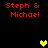 Red text 'Steph & Michael' appears in four positions on a black background with pixelated hearts in yellow and green.