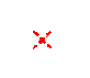 Red pixelated shapes on gray background: four X-like forms with radiating lines, two scattered clusters of small red fragments.
