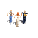 Animated sequence of three figures in various poses against a gray background, with one figure in white, one in blue, and one in dark clothing with '21' on the back.
