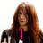 A four- shows a person with long brown hair and black-and-white clothing, with pink text appearing sequentially