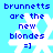 Pixelated blue text on light blue background reads "brunnetts are the new blondes =]" with white snowflake symbols, animated to shift positions.