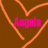Brown background with orange pixelated heart outline containing pink text reading "Angela" in blocky font.